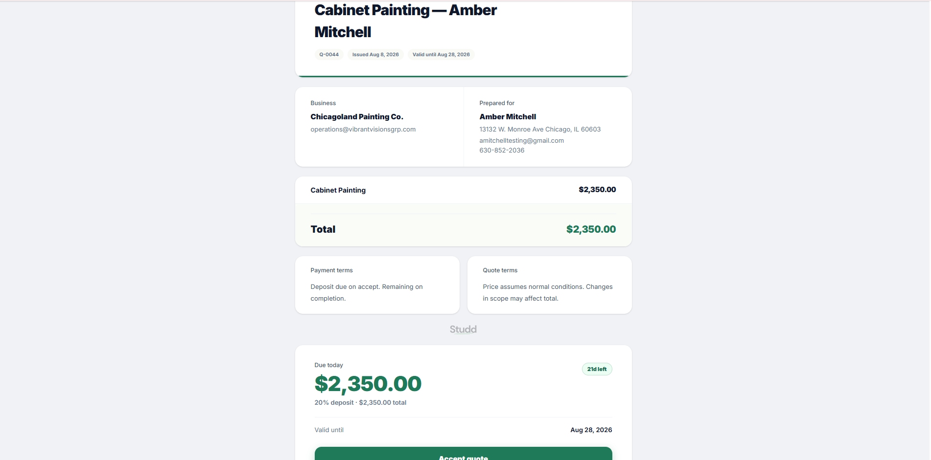 The branded quote and payment page a client sees