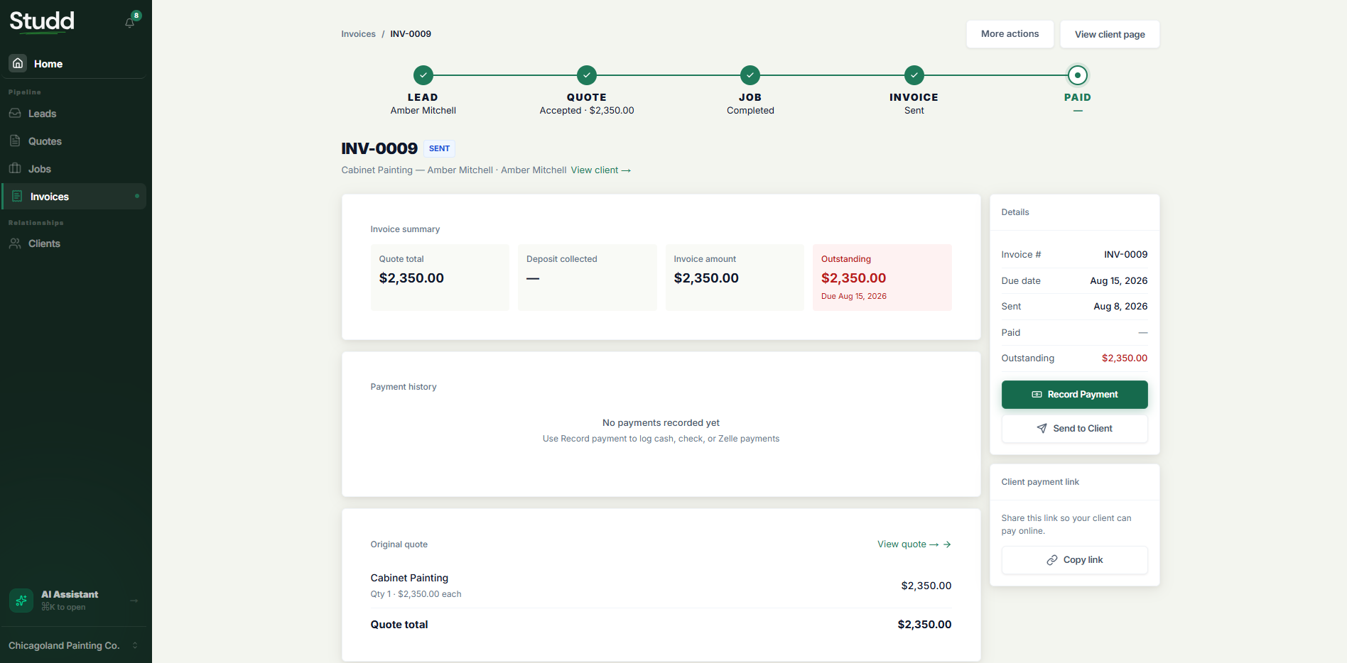 An invoice generated from a closed job